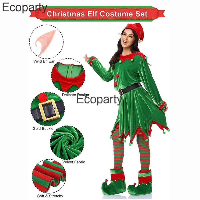 2023 Adult Kids Christmas Santa Claus Costume Women Green Elf Cosplay Dress Belt Hat Elf Ear Suit New Year Xmas Party Outfits