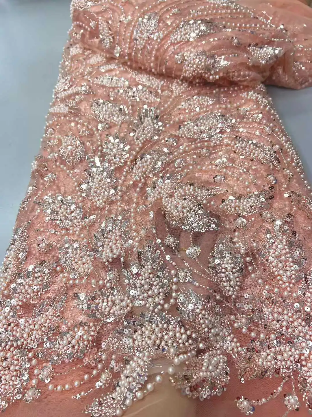 

2025 NEW Heavy Pearls Tulle Mesh Fabric Wedding Dress Fabric French High Quality Beadings Fabric Nigerian African Lace Fabric
