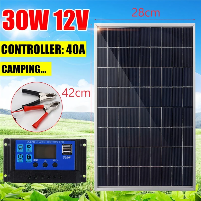 30W 12V Solar Panel Battery Charger+40A Controller for RV Car Boat Home Camping