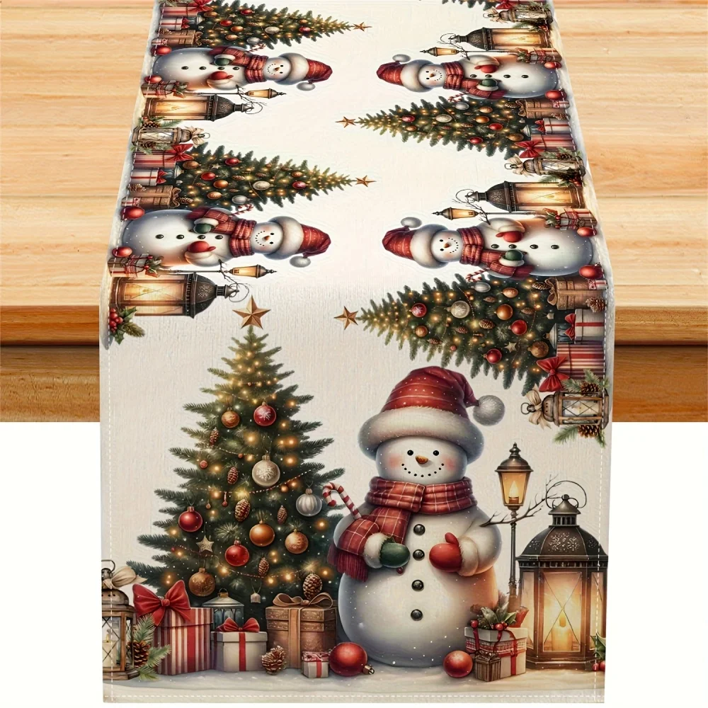 1-Piece DOKRIY Snowman Snowflake Magenta Winter Table Runner - Featuring Pine Trees and Snowmen, Multiple Sizes Available