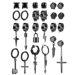 2 Pcs Black Stainless Steel Fake Clip on Earrings Cross Chain Dangle Earrings Non Pierced Huggie Hoop Earrings for Men Women