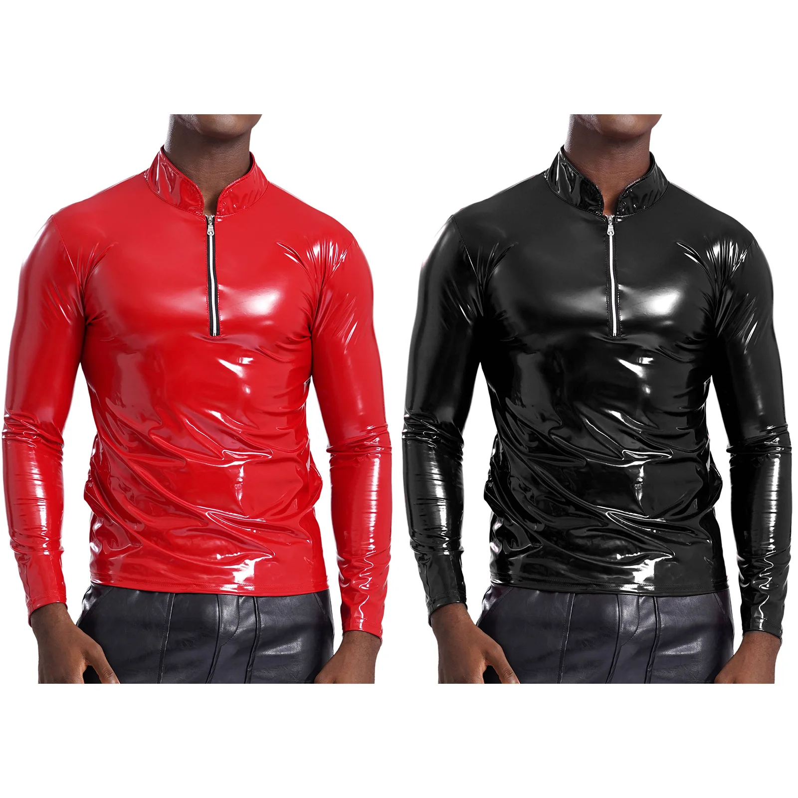 Mens Glossy PU Leather Shirt Wetlook  Mock Neck Long Sleeve Front Zipper Shirt Metallic Shiny Latex Coat for Clubwear Costumes