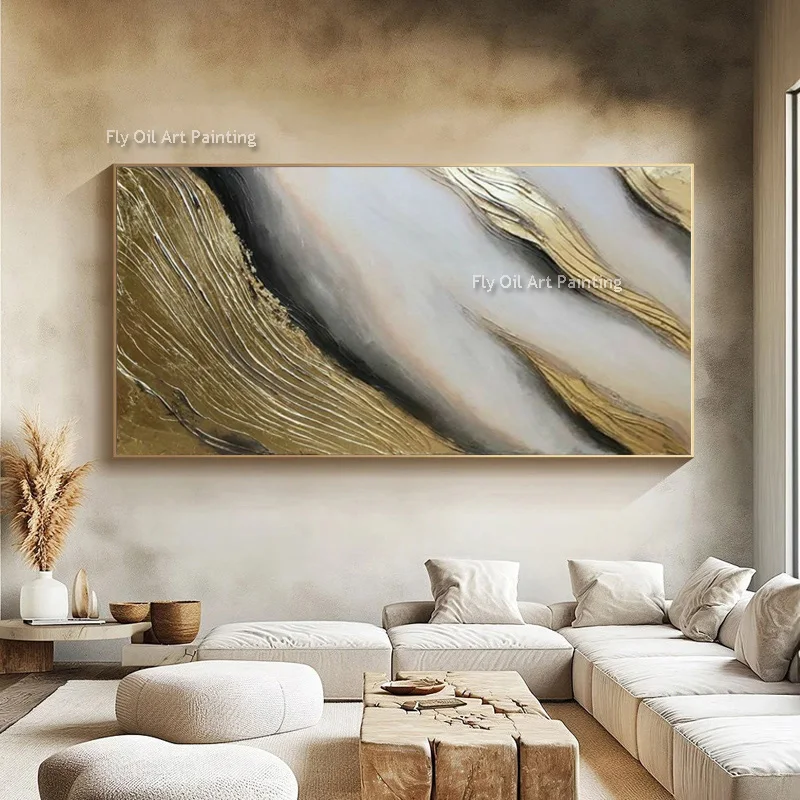 Golden Yellow White New Original Canvas Thick Artwork For Living Room Decor Hand Painted Black Grey Yellow Oil Painting As Gift