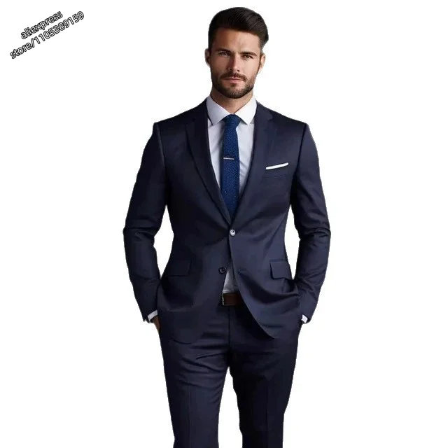 

2026 Men's 2 Piece Slim Fit Business Casual Tuxedo Suit Set Elegant Formal Blazer And Pants for Wedding Party Groom Male Suit