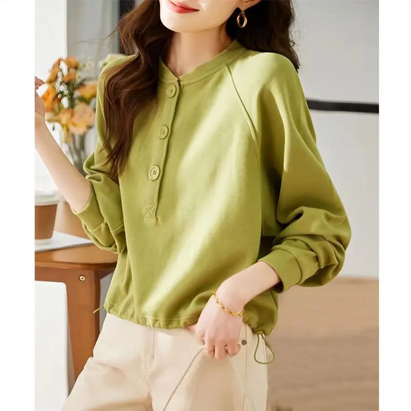 Simplicity Casual Autumn Pullovers T-shirt Women's O-Neck Solid Button Fashion Office Lady Loose Long Sleeve Sweatshirts Tops