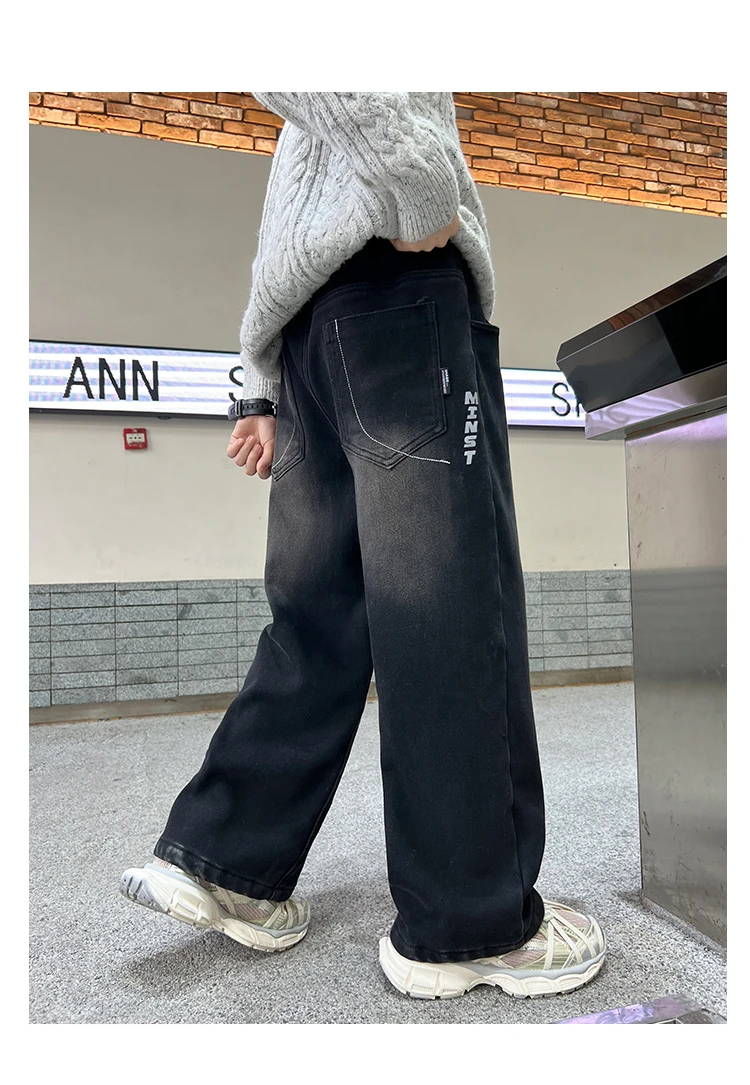 Schwarze Jeans für Teenager und Kinder, Frühling/Herbst, Retro-Verlauf-Design, gerade Passform, Denim-Hose, stylische weite Hose für Jungen, 5-14 Jahre – Detail 7