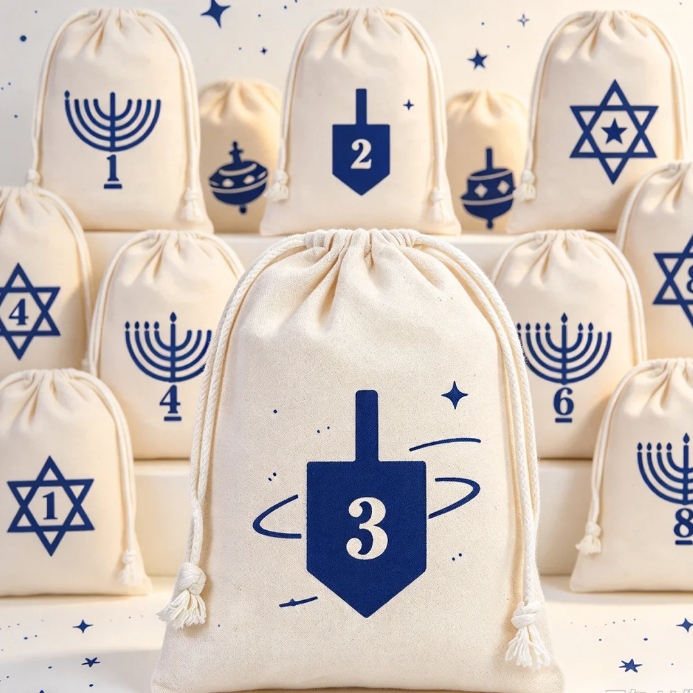 Hanukkah Gift Bags for Kids 8 Nights Countdown Set Jewish Holiday Party Favors Family Tradition Gelt Treat Pouches for Candies