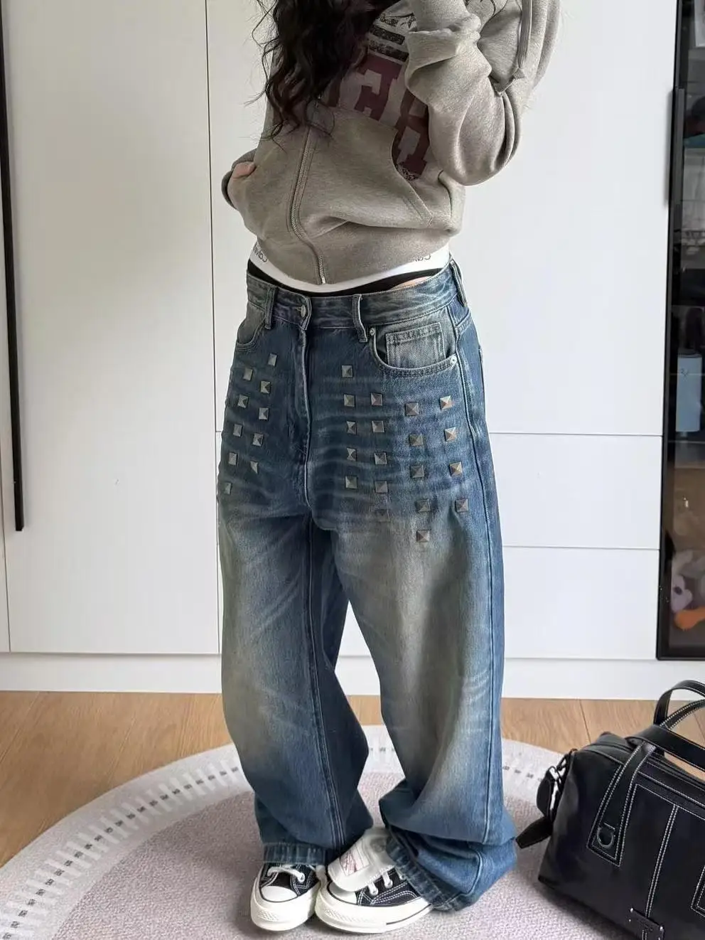 

American Retro Heavy Industry Willow Nail High Street Jeans Women's Hip Hop Casual Straight Pants Fashion Loose Wide Leg Jeans