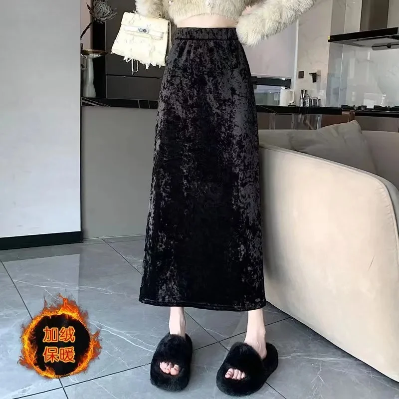 

Корейская женская длинная юбка А-силуэта с высокой талией, повседневная, из золотистого бархата, однотонная, прямая, макси, для весны и осени