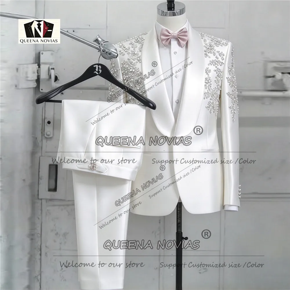 Brilliant Satin Men Groom Tuxedo Suit Set Shawl Lapel Jacket Pants 2 PCS Beaded Stones Man Banquet Attire Plus Size Ropa Hombre