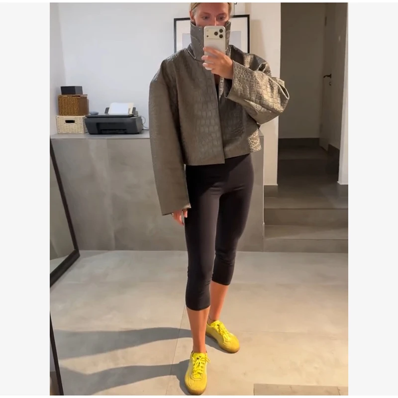 Women's Crocodile Pattern Short Leather Jacket Retro High Collar Zipper Loose Long Sleeve Jackets Lady Street Daily Wear 2026