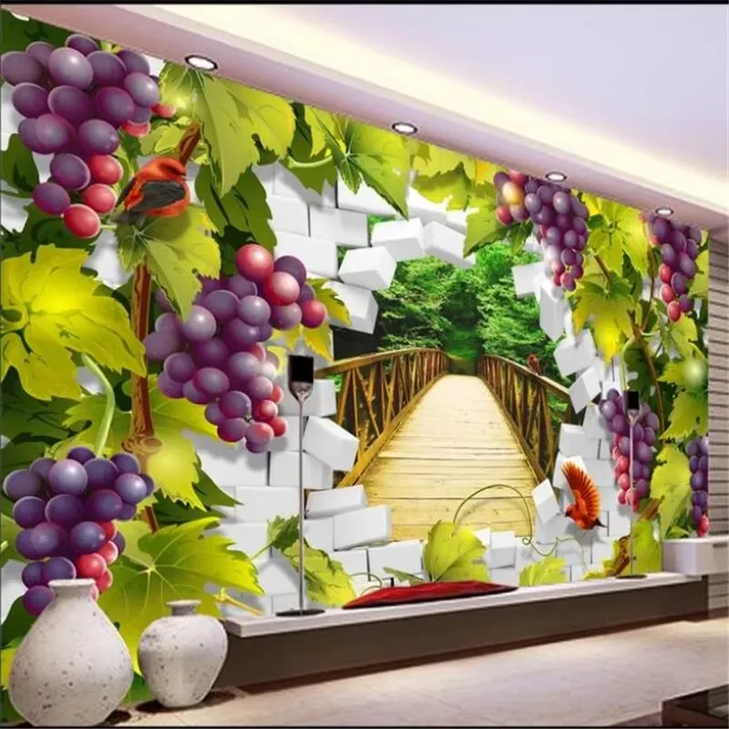 papel de parede para quarto  Custom wallpaper  Grape 3D door and window scenery wall hole TV background wall home decor mural