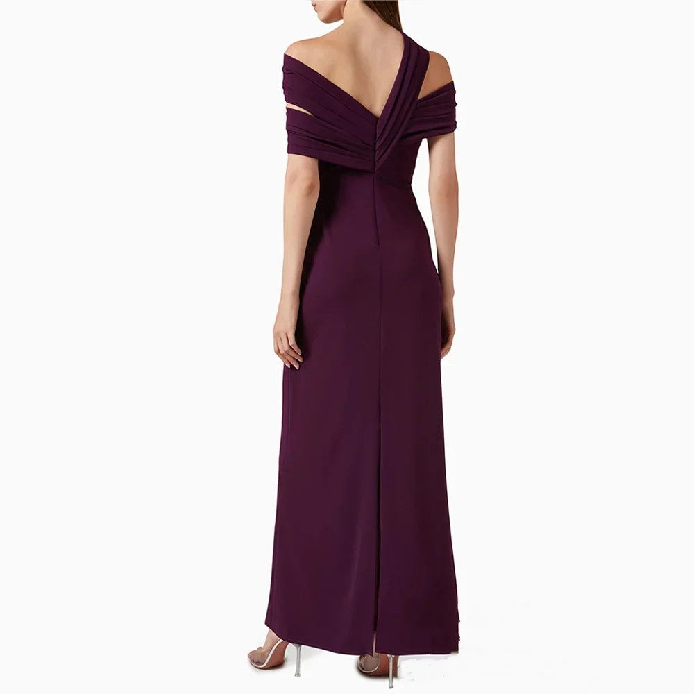 Meetlove ที่กําหนดเอง Off-the-ไหล่ข้อเท้าความยาวชุดราตรีสีม่วง Sheath แขนกุดด้านหลังแยกง่าย Gowns อย่างเป็นทางการ