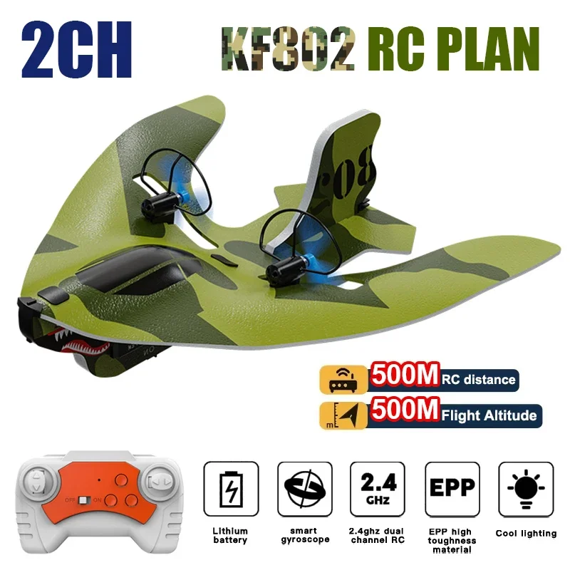 Avion RC KF802 2CH, avion prêt à voler, télécommande 2,4 GHz avec lampe LED, planeur RC facile à voler pour cadeau pour enfants et débutants
