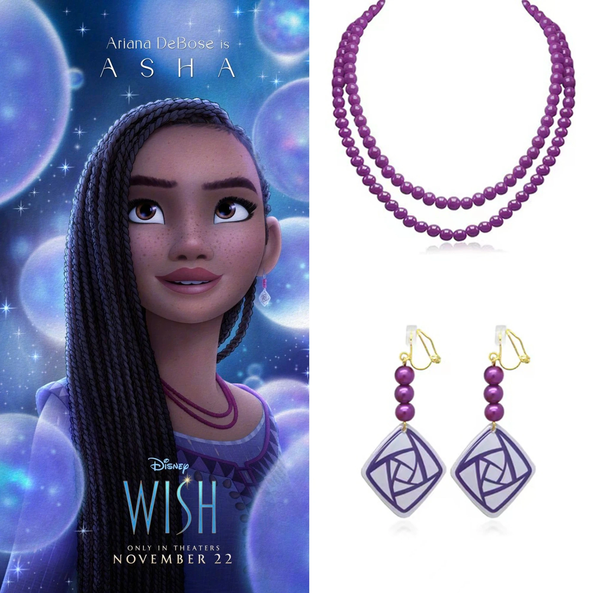 Disney New Movie Wish Asha Princess Cosplay Purple Eardrop Choker Pendant Jewelry Women Necklace Earring Set Prop Xmas Gifts