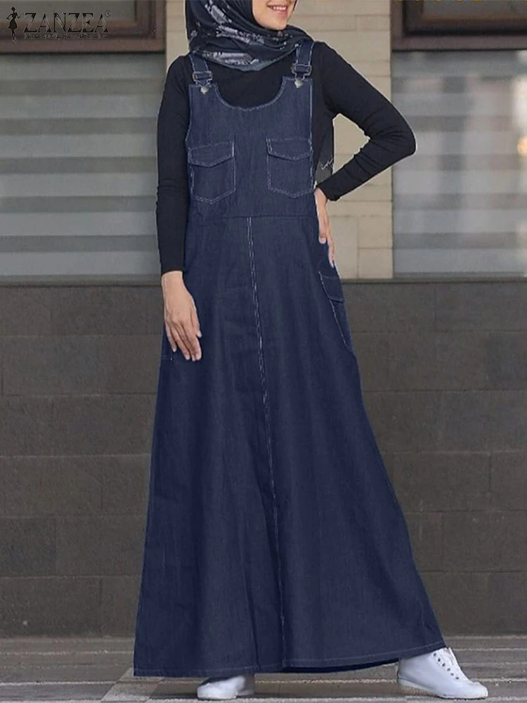 Muslim Women Vintage Dubai Turkey Abaya ZANZEA Autumn Elegant Overalls Dress Denim Blue Vestido Islamic Spaghetti Strap Sundress