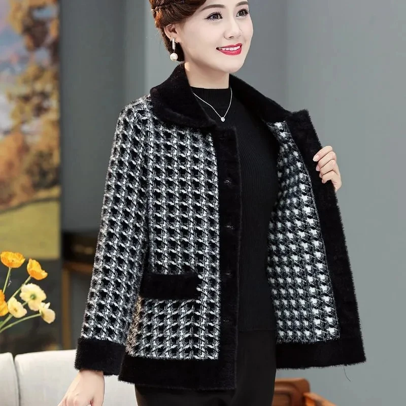 High-end Middle Aged Elderly Mother Faux Mink Jacket Autumn Winter Thick Short Wool Cardigan Women Knitted Sweater Cashmere Coat