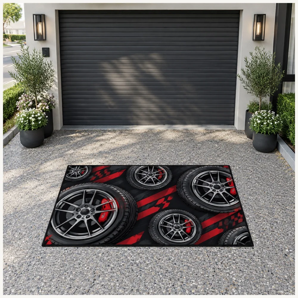 VIKAMA Racing Track Black Red Tyre Wheel Flannel Door Mat, Washable Quick Dry Door Mat, Garage Decor for Home, Entryway