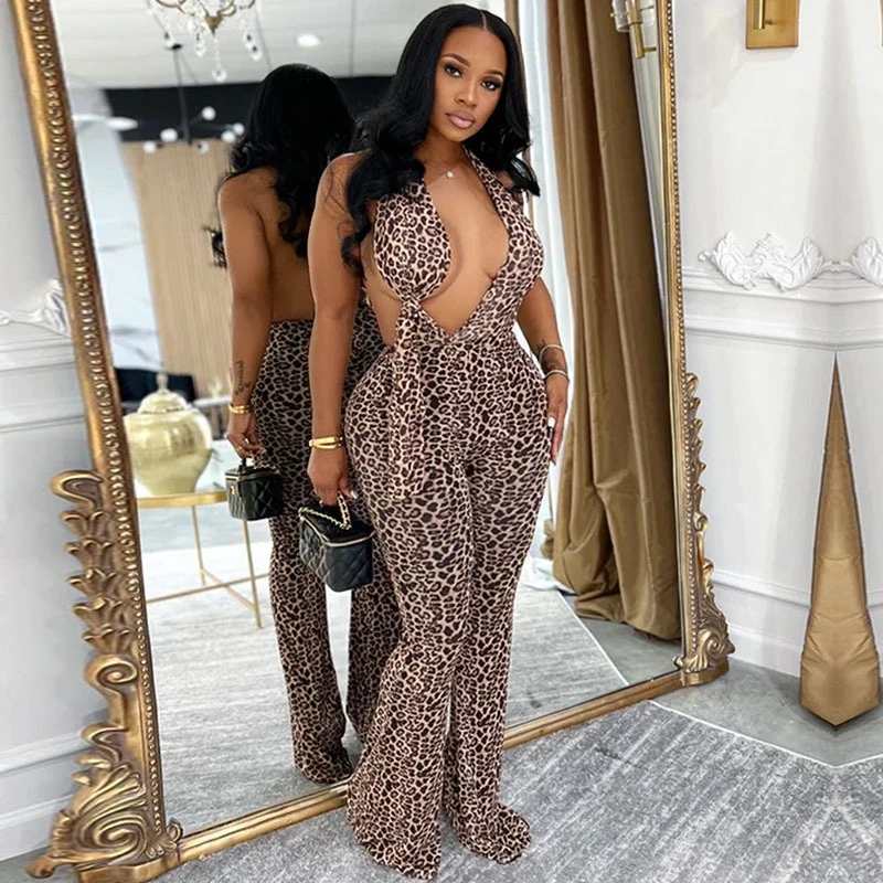 

Doyerl Sexy Leopard Romper Jumpsuit Woman Nightclub Party Halter Backless Deep V-neck Sleeveless One Pieces Overalls Catsuit