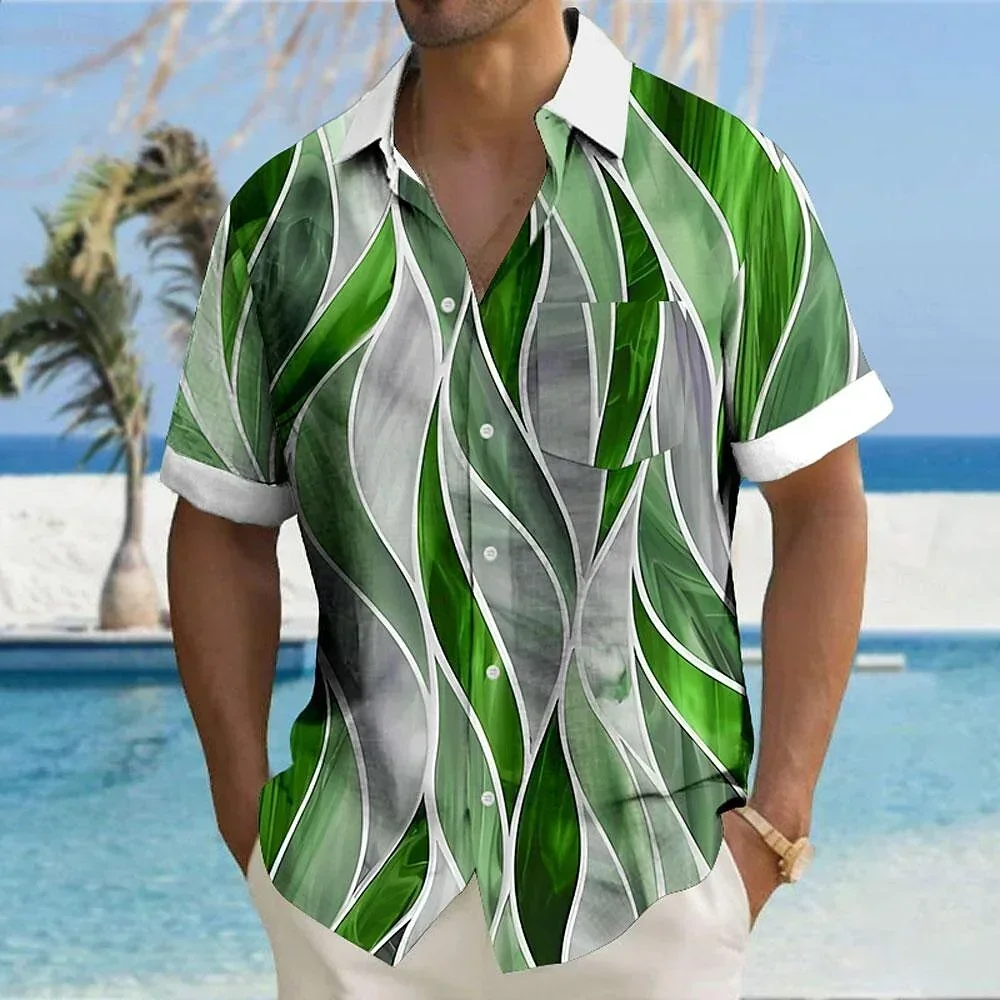 Men's Geometric Stripe Printed Shirt, Hawaiian Vacation Shirt, Casual Party, Outdoor Vacation, Summer tops&tees Clothing