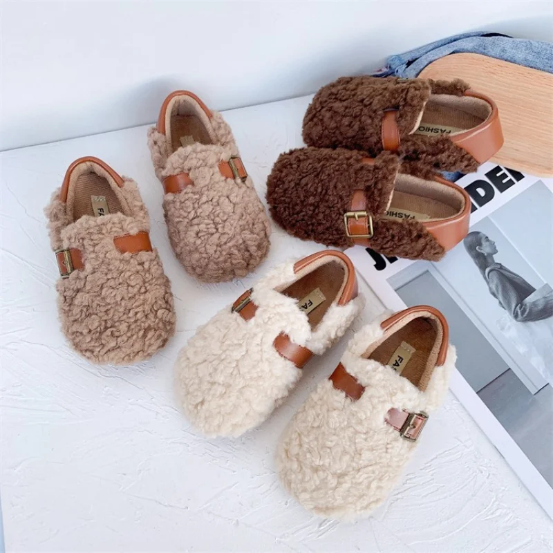 Fluffy Shoes for Girls and Cashmere Warm Boys Bean Shoes 2022 New Winter Solid Color Fashion Casual Toddler Baby Birkenstocks