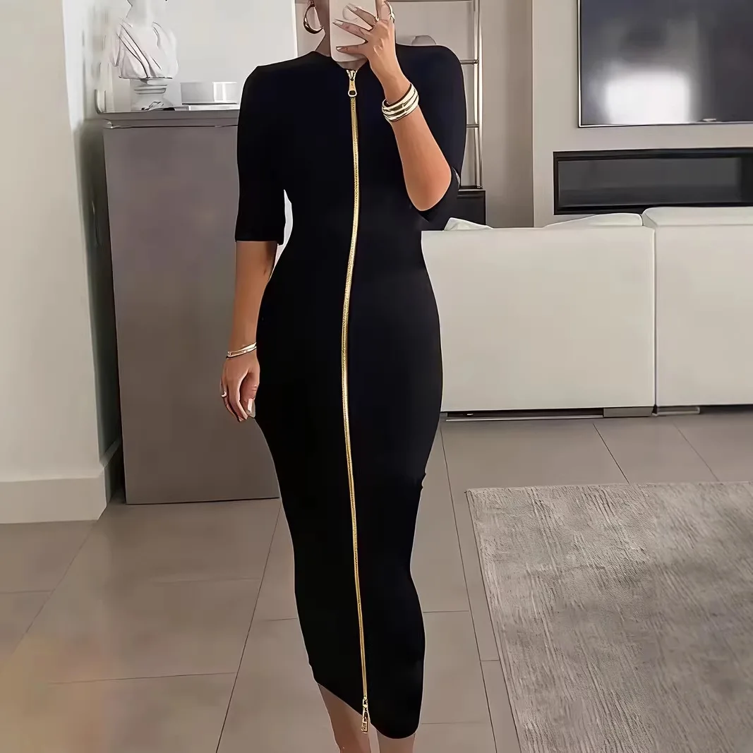 2026 Fashion New Arrival Women's Sexy Waist Bag Hip Skirt Fashion Zipper Mid-sleeve Dress