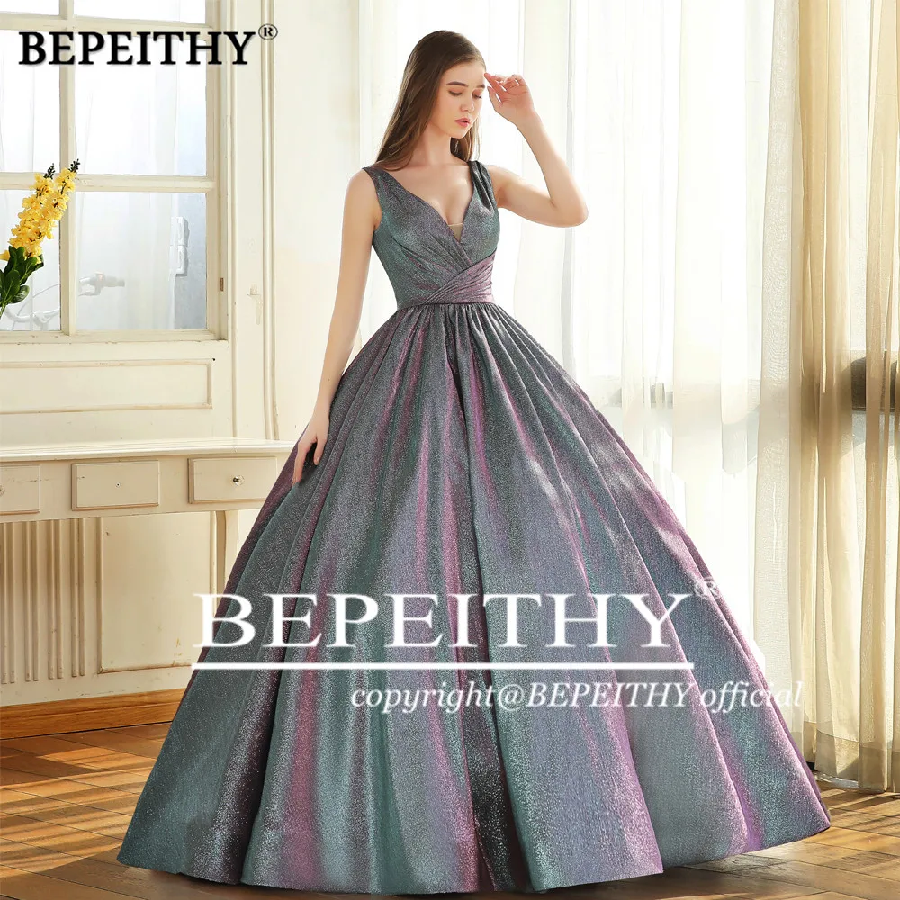 BEPEITHY Simple V Neck Glitter Long Prom Dress For Women 2023 Dubai Shinning Ball Gown Luxury Evening Party Gown Formal Occasion