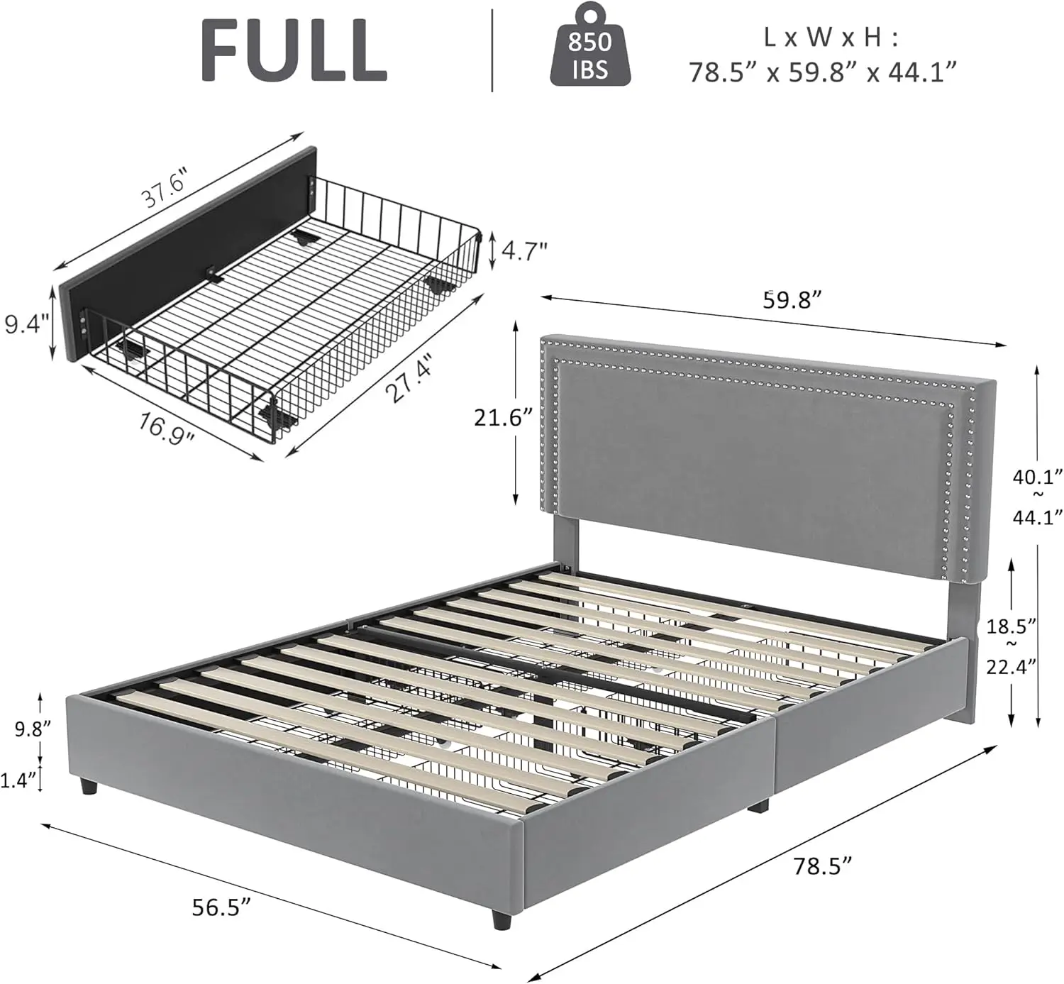 Full Size Upholstered Platform Bed Frame with 4 Storage Drawers, Adjustable Velvet Rivets Headboard, Wooden Slats Support