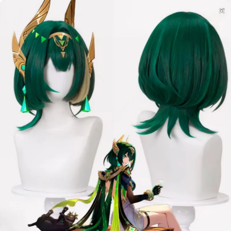 

Anime Game Genshin Impact Nefer Cosplay Wig Green Short Hair Heat Resistant Fiber Hair Halloween Party Props For Women