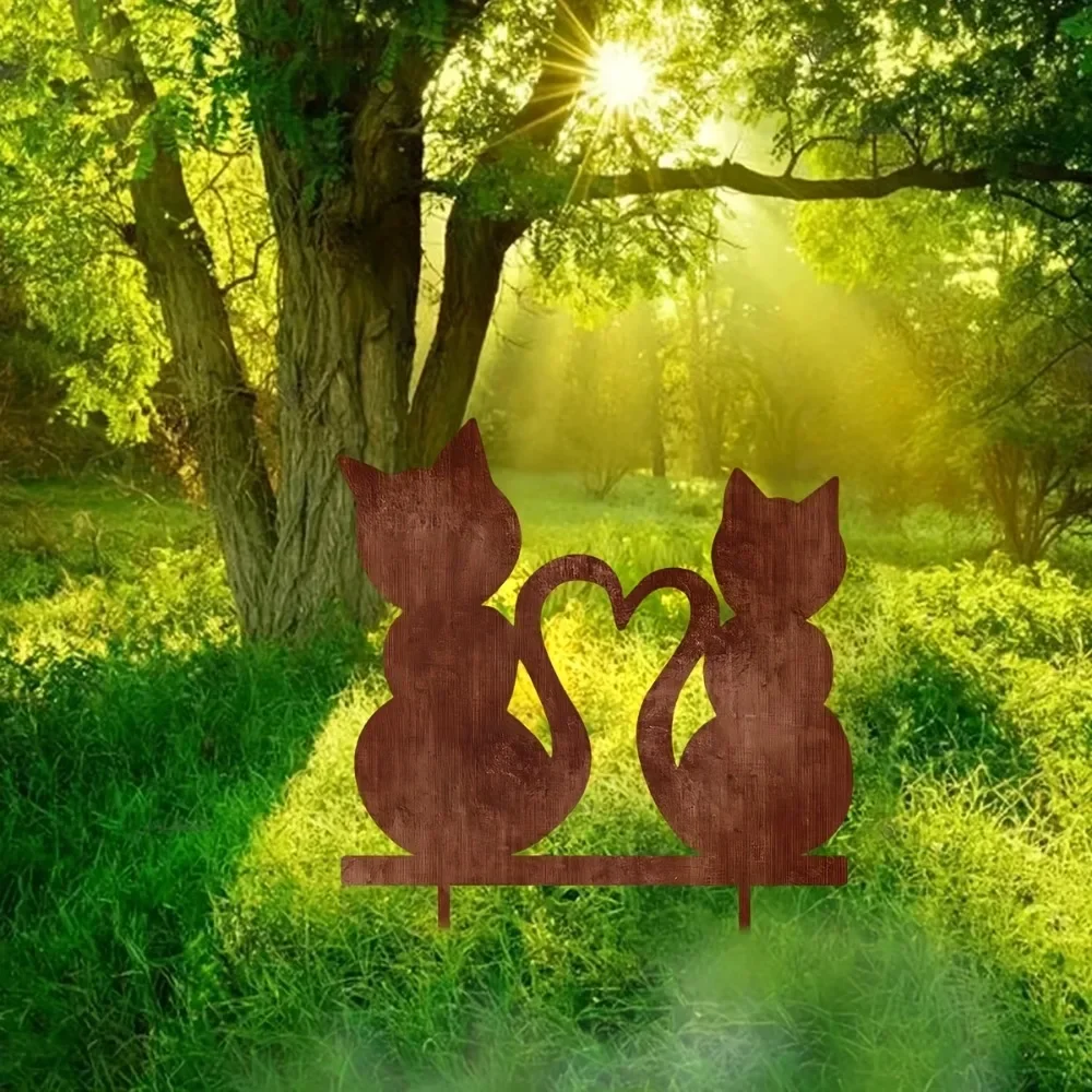 1pc Rusty Metal Cat Garden Insert Plaque 30cm,Natural Style Outdoor Yard Art Decor for Garden Balcony Patio