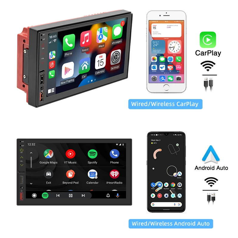 2 Din Car Radio Apple CarPlay Wireless Android-Auto Bluetooth MP5 Multimedia Player Handsfree USB Audio System Head Unit FS02W