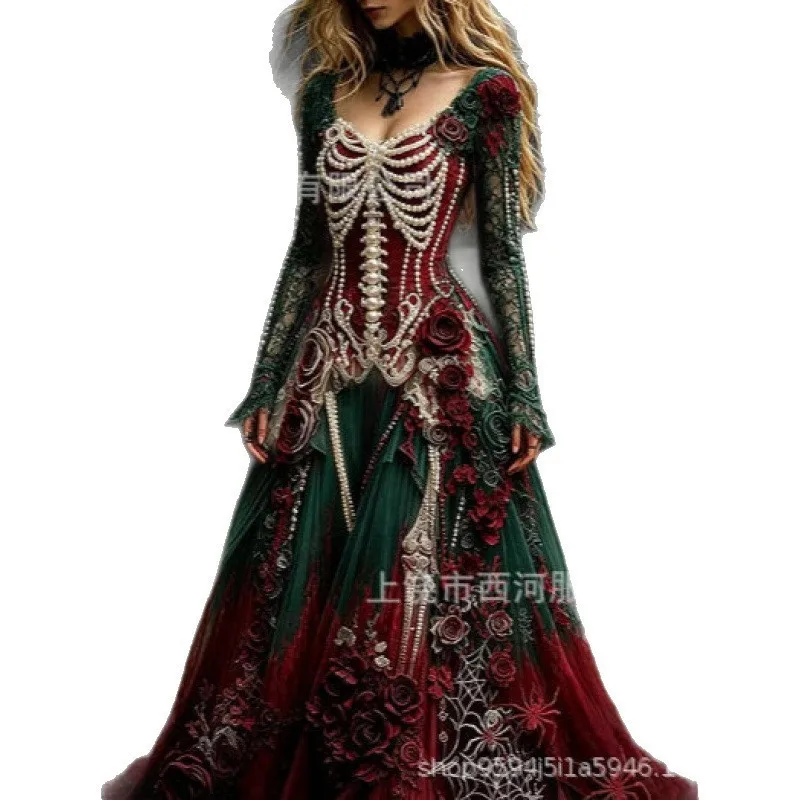 Slim Fit Long Sleeves Dress Long Length Edgy Street Halloween with Low Neckline Pleated Skirt Regular Sleeve Dark Style Autumn