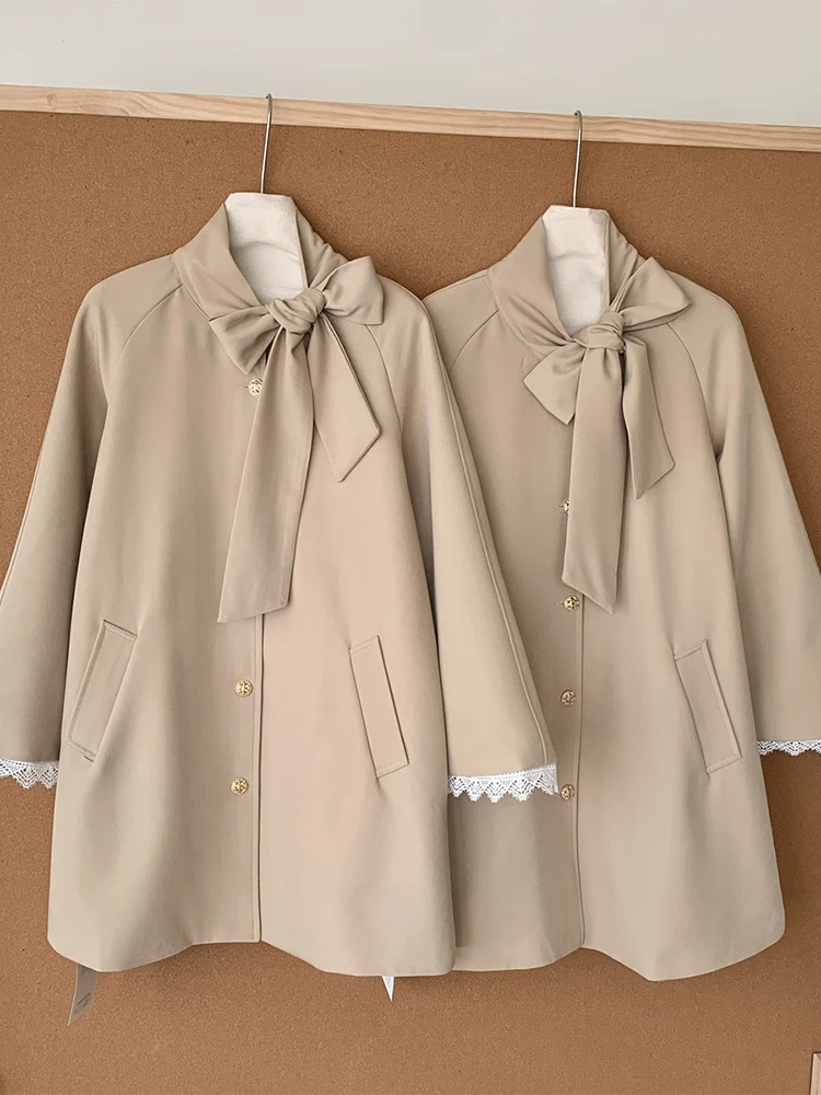 Women's Clothing Khaki Long Sleeve Bow Trench Coat 2000s Fashion Windbreaker Loose Long Outerwears Jacket Coats Fashion Clothes