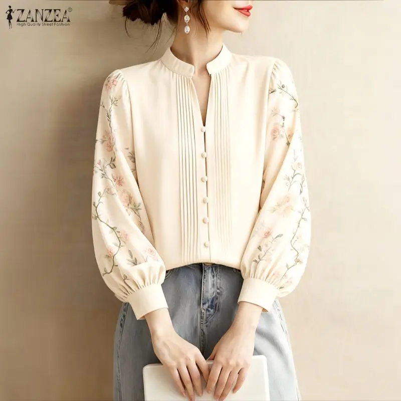 ZANZEA Women's Vintage Pintuck Blouses Elegant Mandarin Collar Floral Printed Patchwork Puff Sleeves Tops Spring Woman Clothes - Detail 1