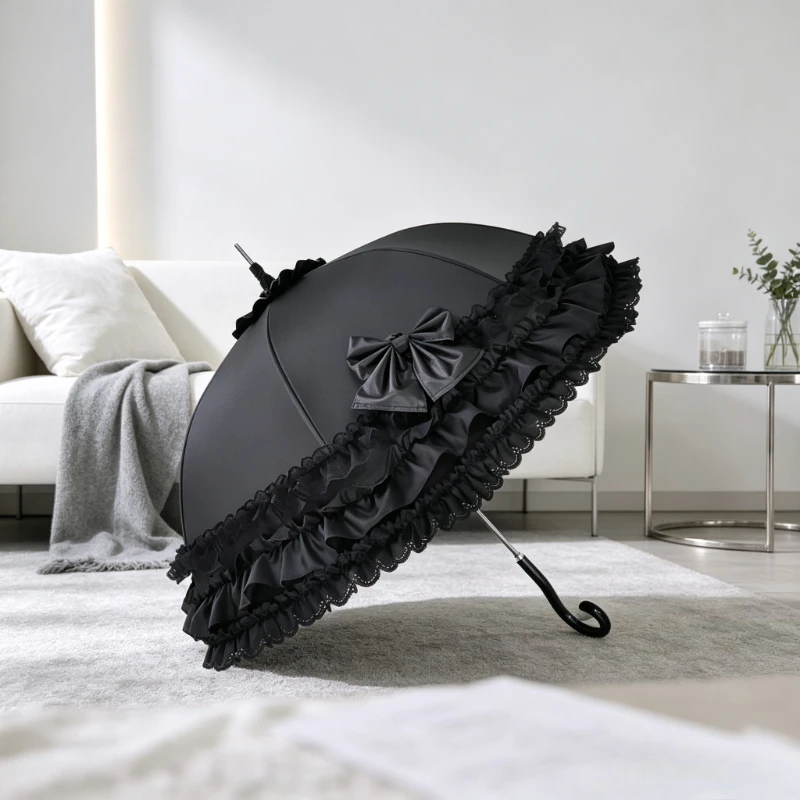 Lolita Arch Birdcage Umbrella, Vintage Lace Parasol for Princess Girls, Frilly Sun Rain Canopy Cover with Ruffled Trim.