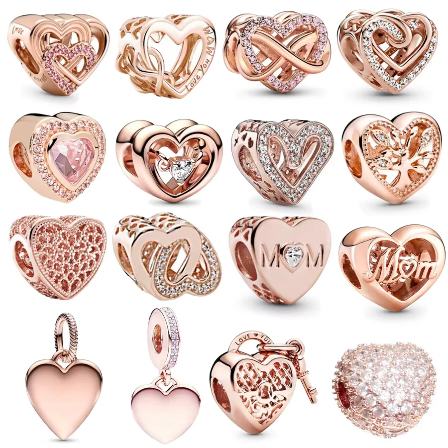 Original Rose Gold Plated Family Infinity Pink Heart & Engravable Heart Tag Charm Beads Fit Silver 925 Bracelet Jewelry