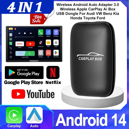 4 en 1 Universal Android14 cableado a inalámbrico CarPlay AI caja Android Auto adaptador caja de transmisión de coche Plug and Play accesorios de coche