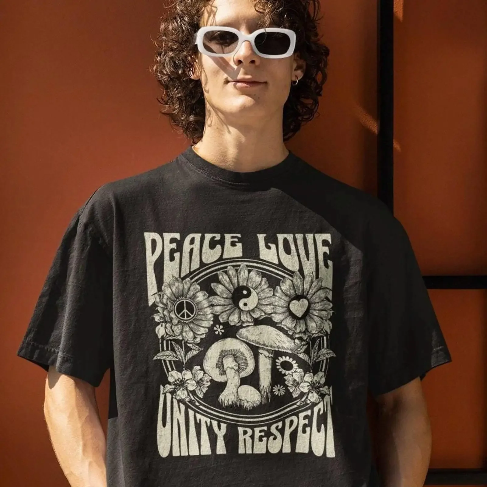 T-shirt Paix Amour Unité Respect Vintage Oversize Tenue de Rave Festival EDM Haut Décontracté Pour Ravers Streetwear Délavé Vintage