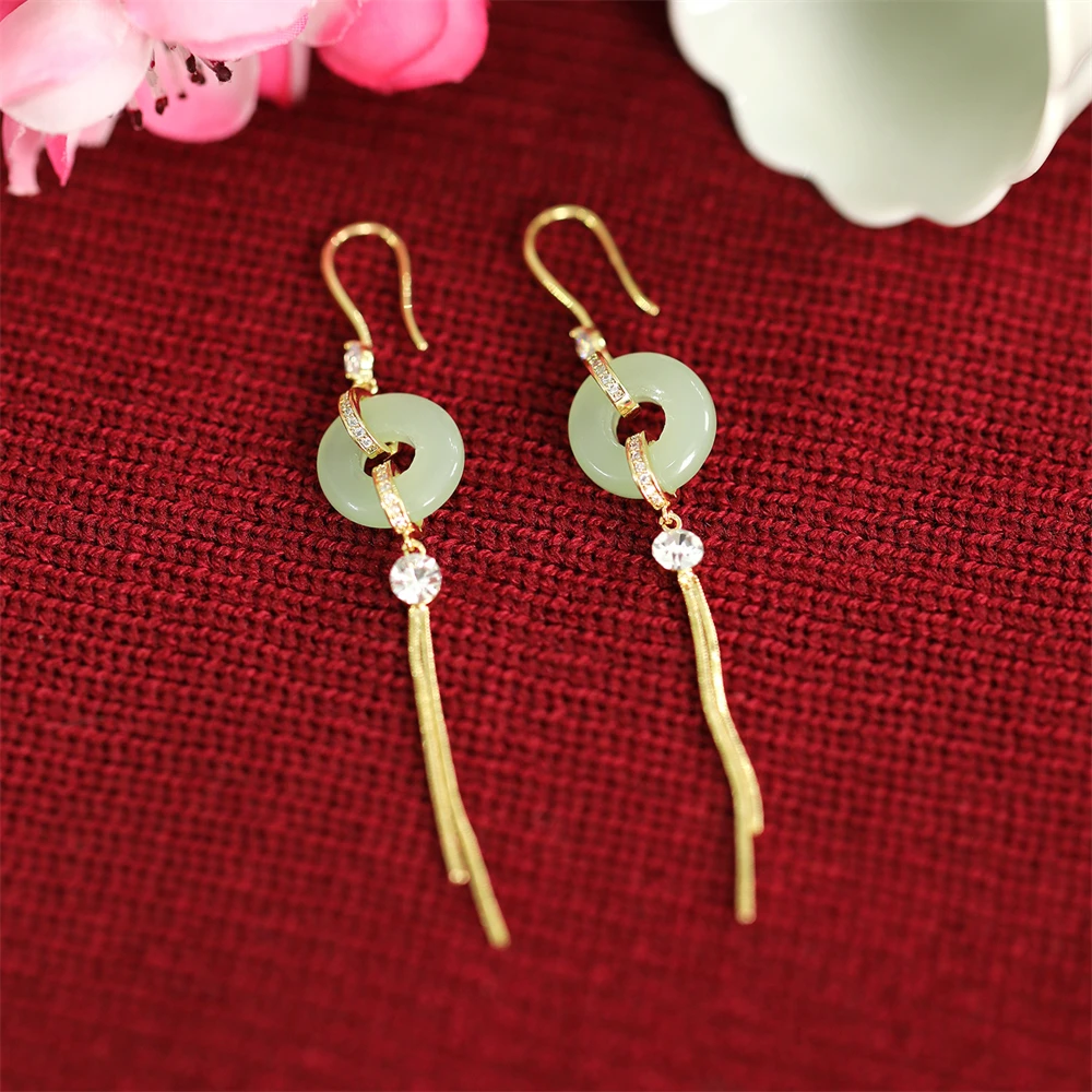 

Green Round Jade Long Tassel Drop Earrings for Women New Korean Fashion Jewelry Accessories High Grade Charm Earring Gifts