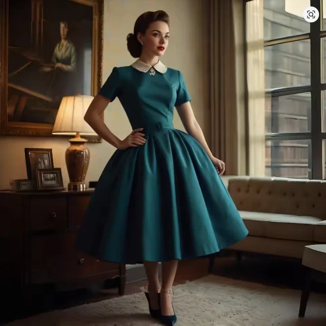 Vintage moeder van de bruid jurk theelengte blauwgroen satijn korte mouwen op maat gemaakte boetiek bruiloft gastjurk