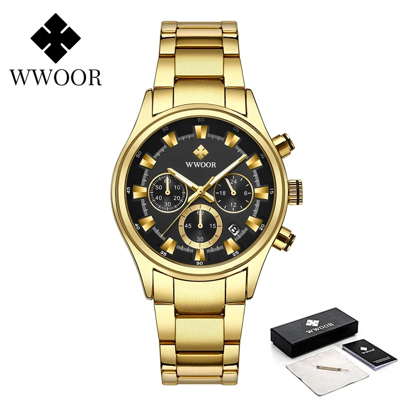 WWOOR Gold Stainless Steel Men Watch Fashion Chronograph Waterproof Quartz Watches Luminous Date Watch For Men Relogio Masculino