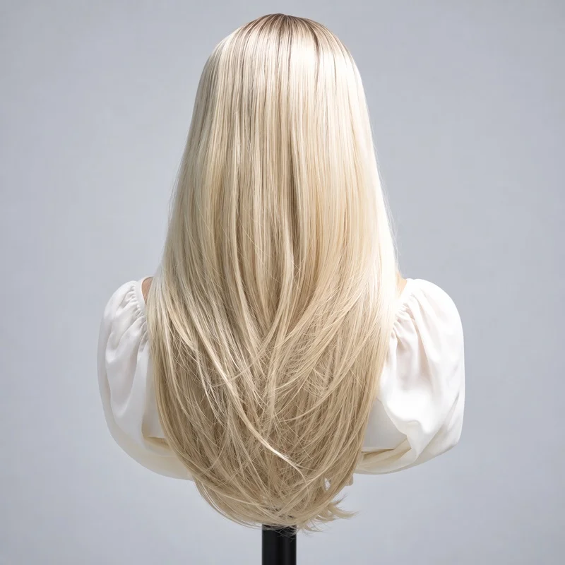 24 Inch Mono Scalp Lace Front Wig for Women Blonde Highlights Long Straight Layered Futura Synthetic Hair Adjustable Cap