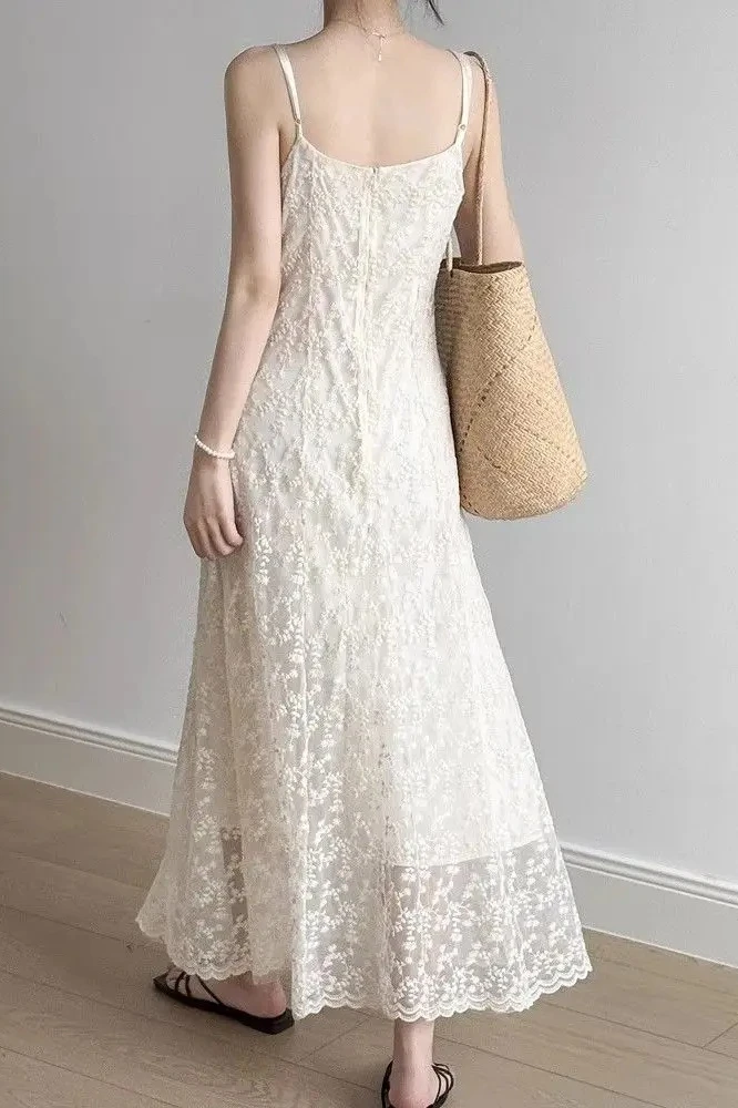 

Summer Fashion Women's Dress Embroidered Floral High Waist Slim Fit Suspender A-line Dress