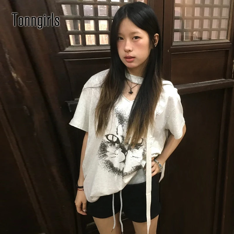 Tonngirls الكورية نمط تي شيرت المرأة الخامس الرقبة فضفاضة عادية المحملة القمم Y2k خمر الجرونج القمم اليابانية 2000s طباعة الجرافيك القمم