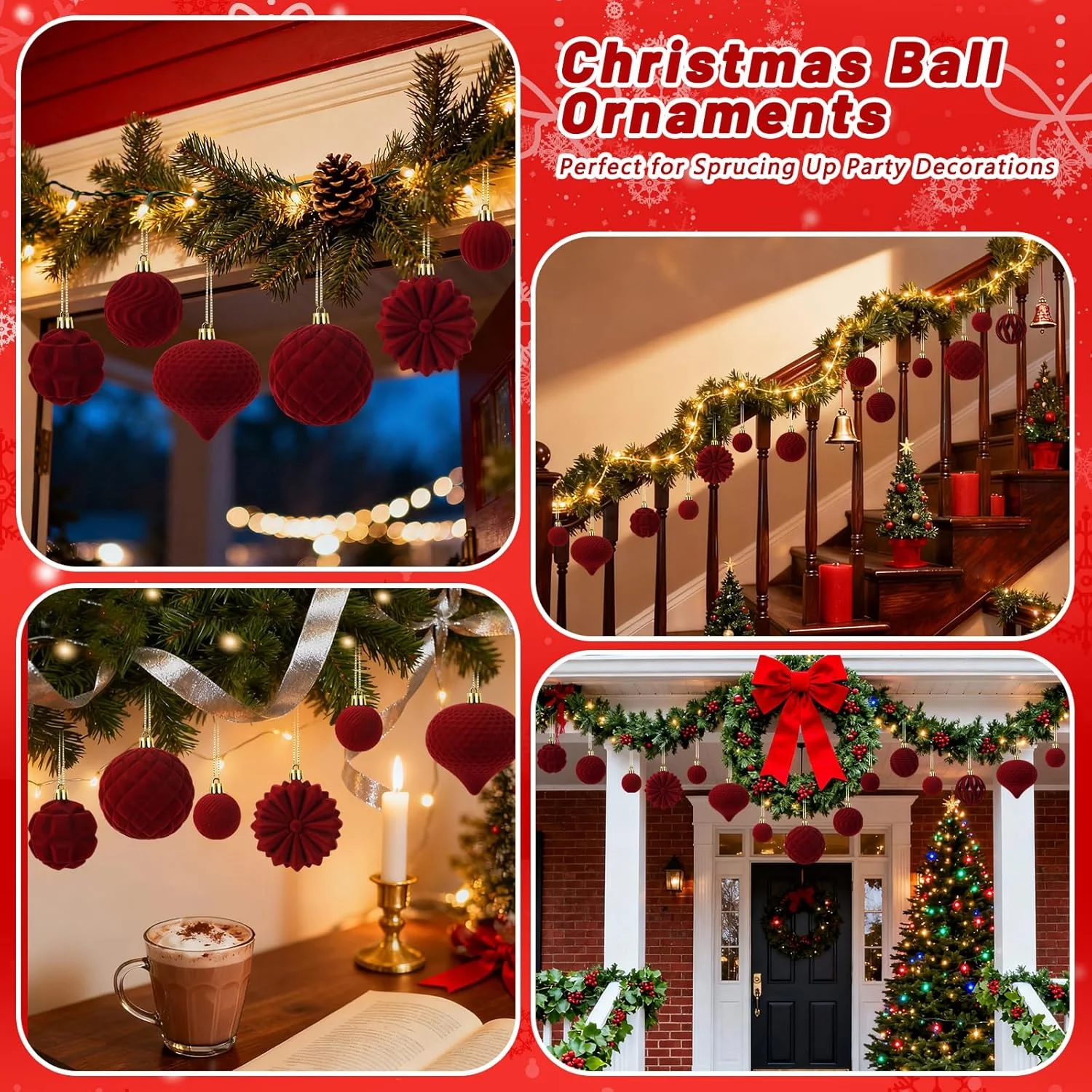 48 Pcs Velvet Christmas Ball Ornaments Set, Flocked Christmas Tree Ornaments, Shatterproof Hanging Xmas Balls Decorations for Ch