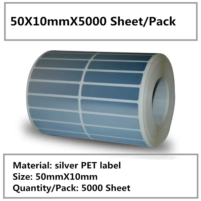 

heat transfer label printers 50X10mmX5000 Sheet/Pack matte silver PET labels waterproof handmade sticker barcode blank paper tag