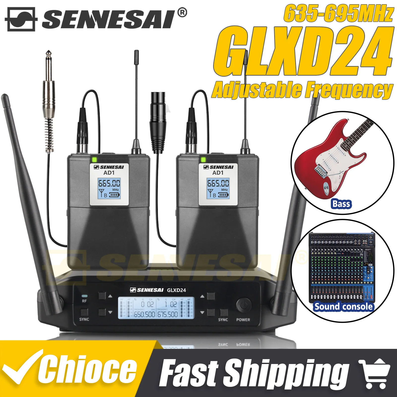 SENNESAI GLXD24 Professional Audio Wireless Transmission Equipment, 6.35mm, XLR Interface UHF Backpack, 600-699MHz 2 Channels