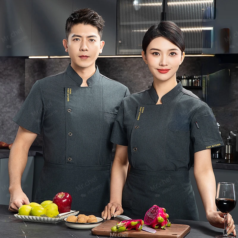 Sommer Kochjacke schwarze Uniform Herren Kurzarm Kochmantel Schürze Arbeitskleidung Logo Kochshorts Atmungsaktiv Restaurant Küche