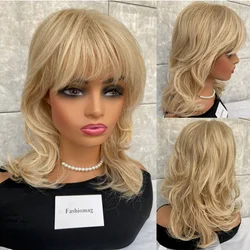 Medium Layered Blonde Mix 100% Human Hair Blend Heat Ok Wigs Women Soft Natural