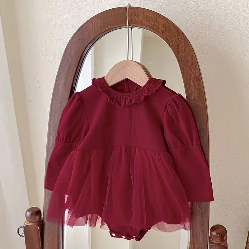 

Baby Girl Tutu Skirt Bodysuit New Christmas Girl Red Romper Princess Toddler Infant Cotton One Piece Lace Party Outfit Play Suit